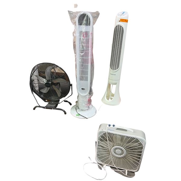 4-Pcs Lot: Commercial Electric Floor Fan (Model SFC1-450B3),  NOMA 46'" Oscillating Tower Fan, and 2