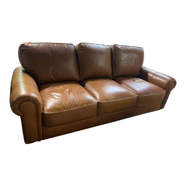Cognac Top-Grain Leather 3-Cushion Roll-Arm Sofa