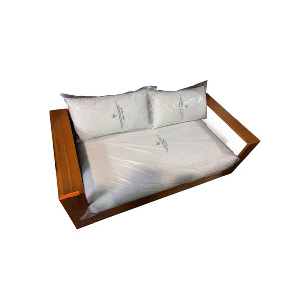 Wood Frame White Cushion Outdoor Patio Sofa (65in W)