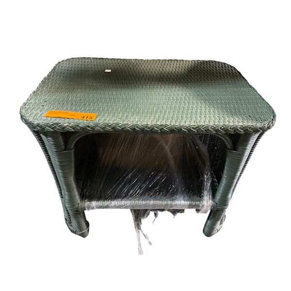 Hunter Green All-Weather Woven Wicker Accent Table with Lower Shelf