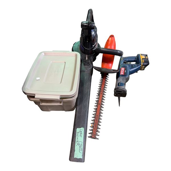 Group of Tools - Ryobi P510, Leaf Blower, Black & Decker Hedge Trimmer, Small Tote of Misc Tools, Et