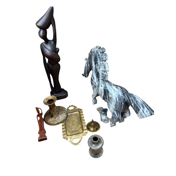 Vintage Brass Decor & Carved Sculptures - Marble Horse (broken leg), Wooden Figurines & Souvenirs