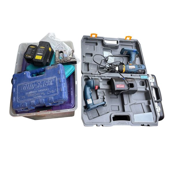 Bulk Power Tools, Drill Accessories & Electronics Storage Tote Lot - Ryobi Drill, Duo-Fast Stapler &