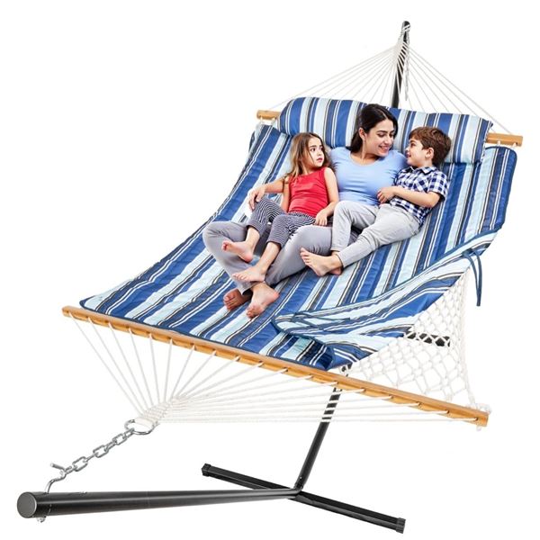 Open Box - Everyfun Cotton Rope Hammock for 2 with Stand – 500 lbs Capacity, Blue Stripe