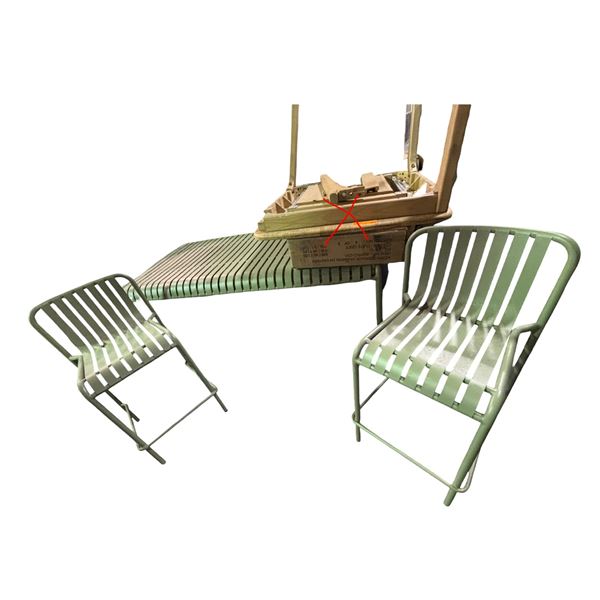 Sage Green Outdoor Dining Set: Large Metal Table (66"x34") with 2 Stools (some rust)