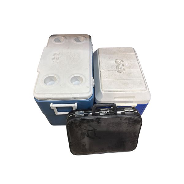 2 Coleman Coolers, Briefcase, Group of Solar lights and Binder Clips