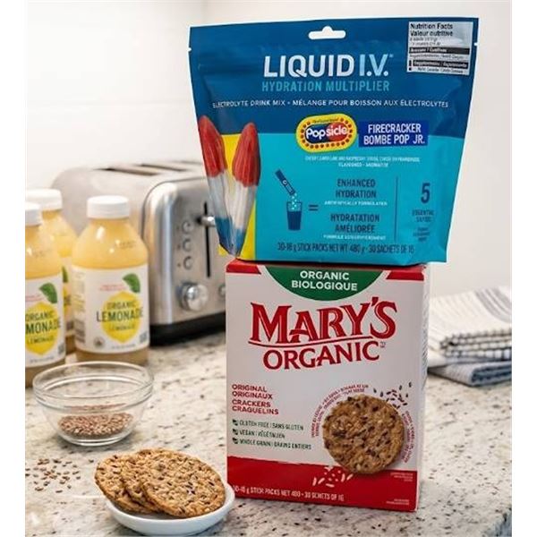 Liquid IV Popsicle Firecracker Hydration Mix and Maryâ€™s Organic Original Crackes