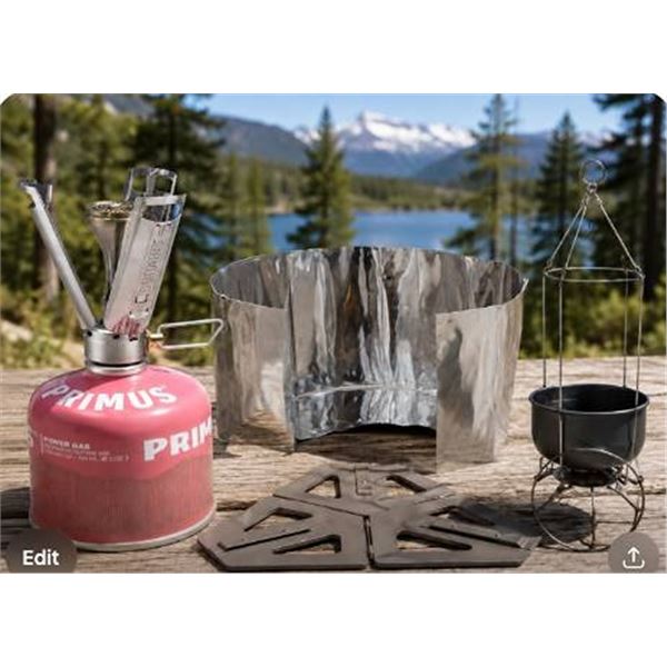 Primus Firestick Ti Stove, Camp Stove Windscreen, Suspension Cooking Kit and Metal Foldable stove ba