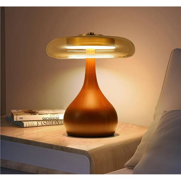 Small Table Lamp for Bedroom-Wooden Base Teardrop Mushroom Table Lamps,Amber Glass Shade