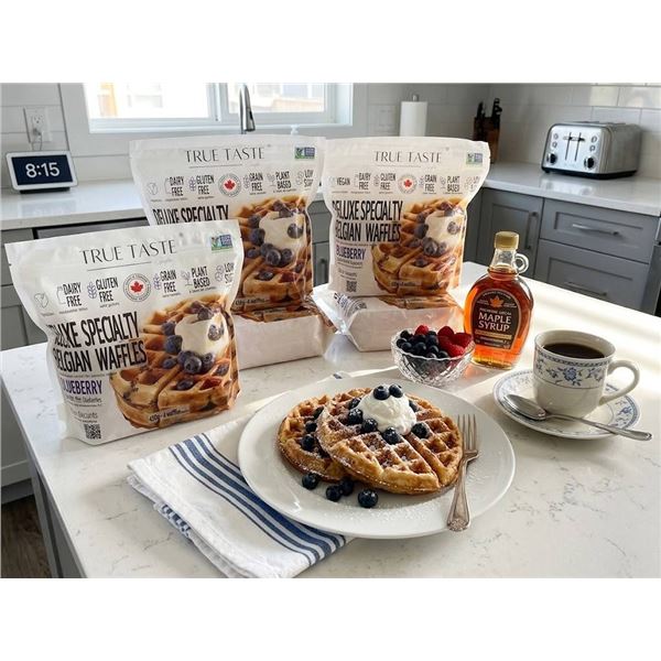 TRUE Taste Deluxe Specialty Blueberry Belgian Waffles. 4 Bags each containing 4 waffles. (16 waffles