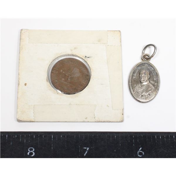 1958 2 PFENNIG COIN AND SAINT FRERE ANDRE PENDANT
