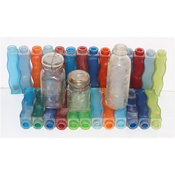 LOT OF MILK BOTTLES AND OTHER GLASS JARS ETC WITH