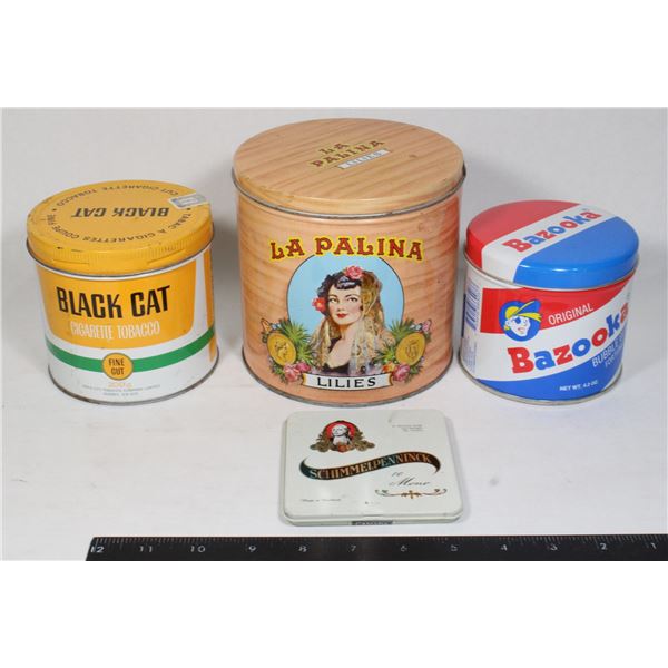LOT OF FOUR TINS INCLUDING BLACK CAT TOBACCO,