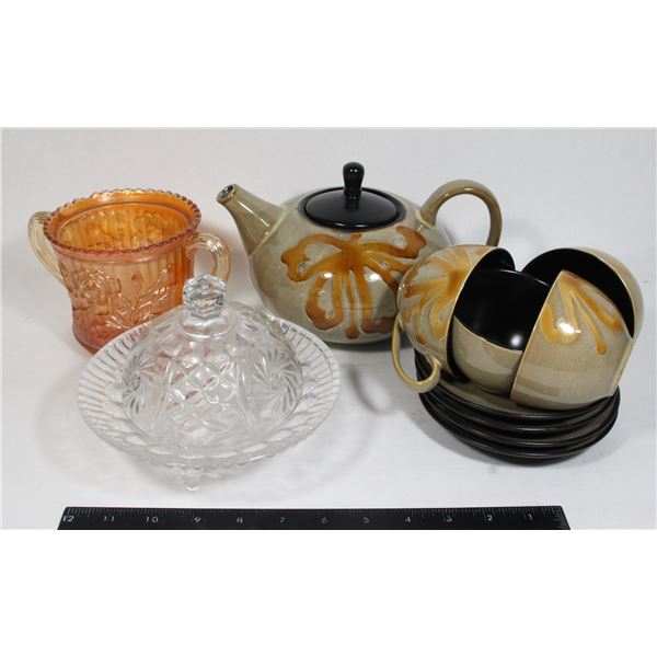 LOT OF DISHWARE FEATURING STONEWARE TEAPOT