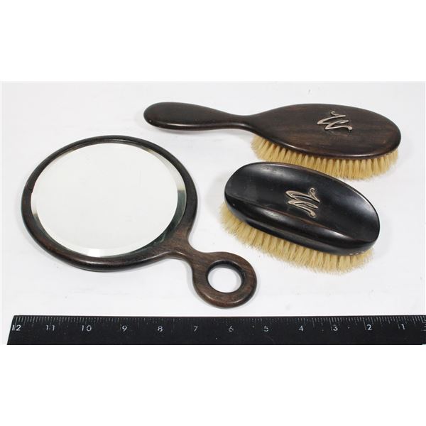 VINTAGE HANDHELD MIRROR AND BRUSHES