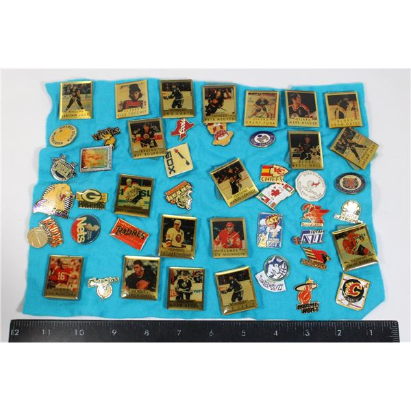 COLLECTION OF VINTAGE SPORTS PINS, MANY HOCKEY