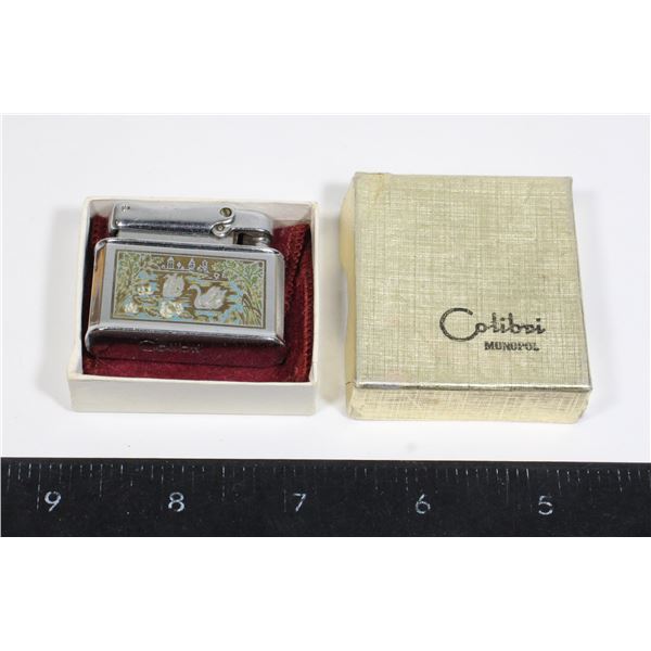 VINTAGE SWAN ENGRAVED COLIBRI POCKET LIGHTER & BOX