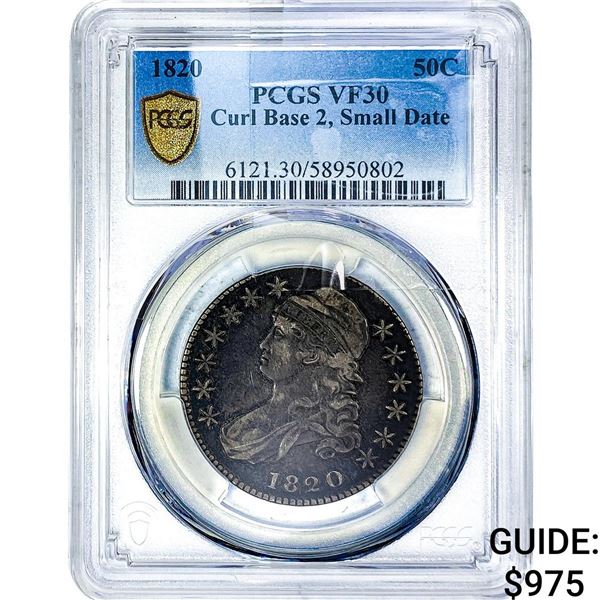 1820 Capped Bust Half Dollar PCGS VF30 Curl Base2, Small Date