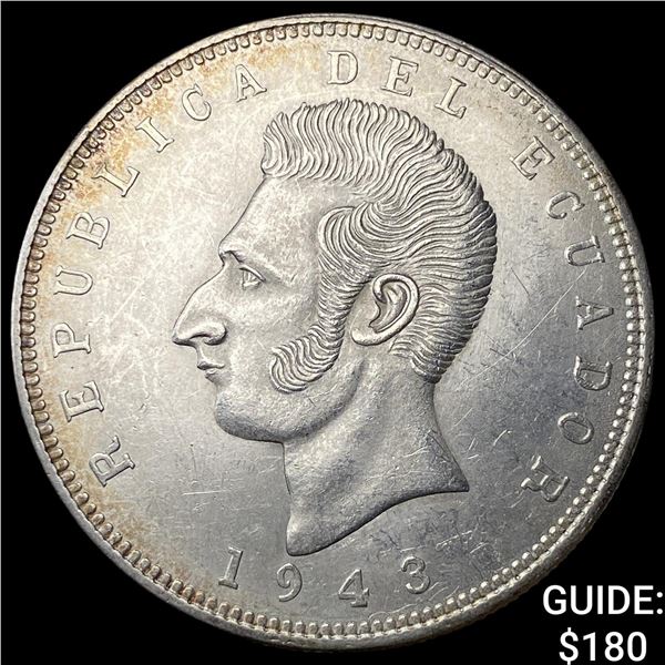1943 Ecuador Siver 5 Sucres UNCIRCULATED