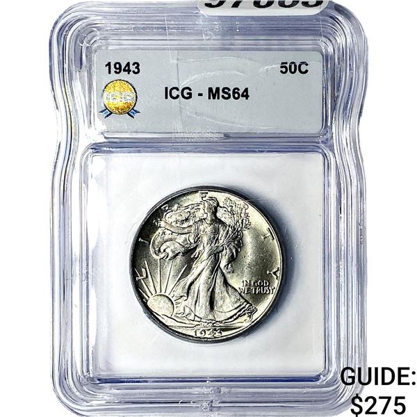 1943 Walking Liberty Half Dollar ICG MS64