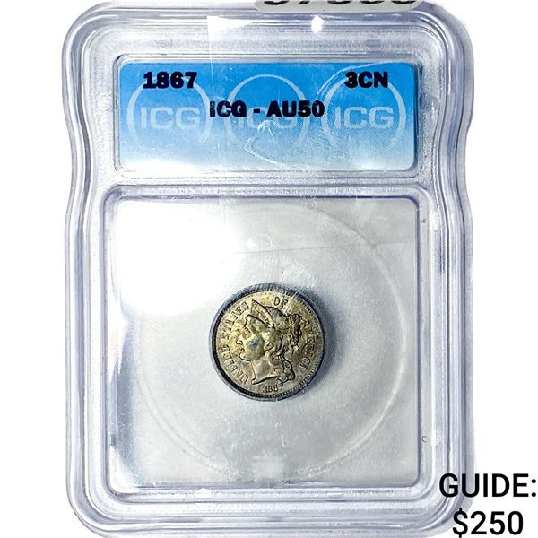 1867 Nickel Three Cent ICG AU50