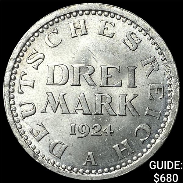 1924A Germany Weimar Republic Silver 3 Mark