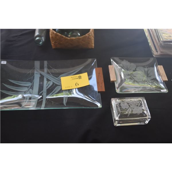 ETCHED GLASS PLATES W/WOOD HANDLES & ETCHED GLASS BOX (3 PCS)