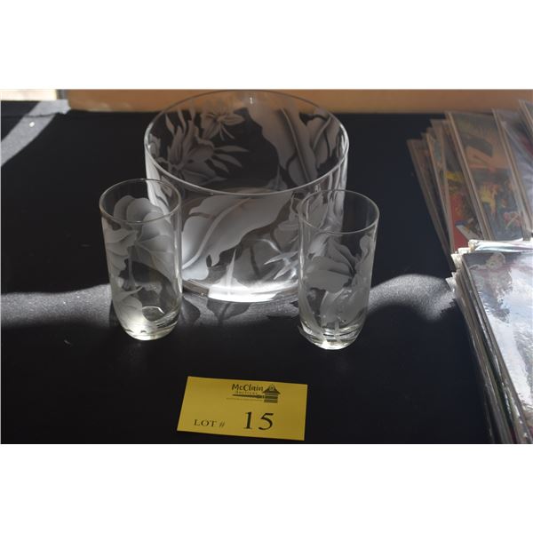 ETCHED GLASS BOWL & GLASSES (3 PCS)