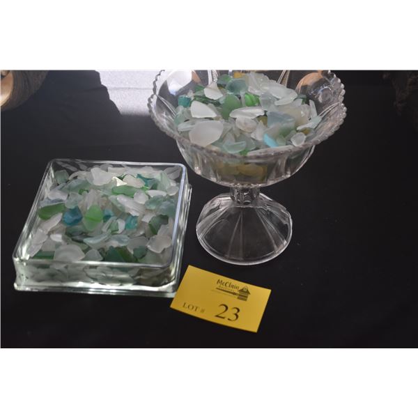 COLLECTION OF SEA GLASS IN ETCHED CONTAINER & PEDESTAL BOWL
