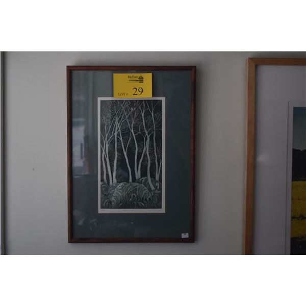 KOA FRAMED WOODBLOCK PRINT, "OHIA & FERNS"; SIGNED S. HASENYAGER 14/75 (14" X 19 1/2")