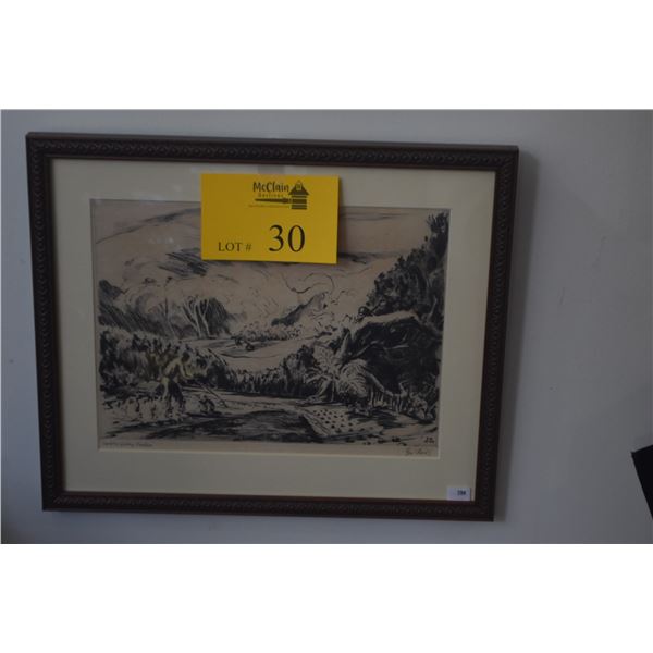 FRAMED ETCHING, "TANTALUS VICTORY GARDENS"; SIGNED BEN NORRIS (14 3/4" X 12 1/2")
