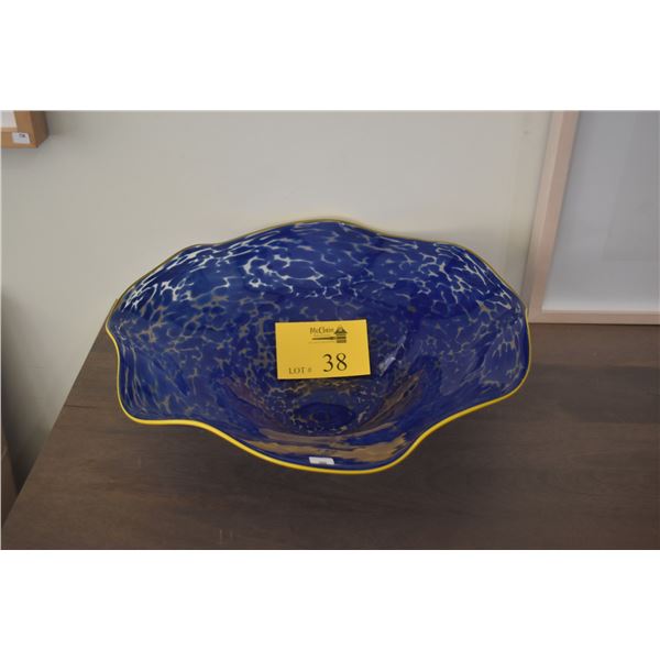 16 3/4" HAND BLOWN ART GLASS BLUE SPLATTER BOWL; SIGNED