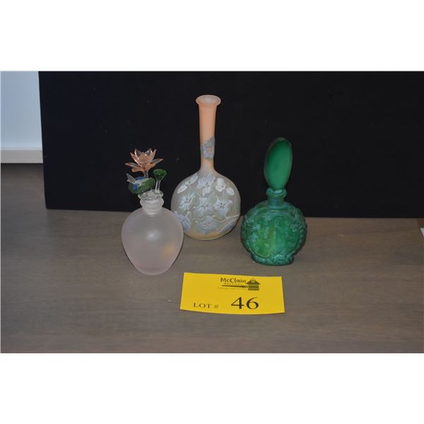 EMILE GALLE FRENCH CAMEO GLASS BANJO VASE, VINTAGE ART DECO GREEN MALACHITE PERFUME BOTTLE & PINK SA