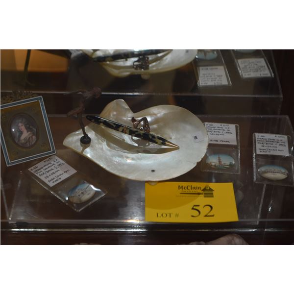 FRAMED MINIATURE PORTRAIT, MINIATURE PAINTINGS ON SILK/BONE, MOTHER OF PEARL DISH W/BRONZE DANCER, M
