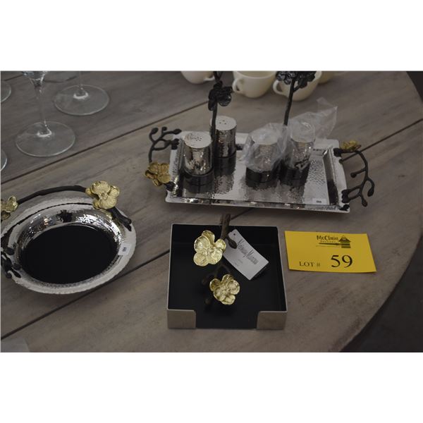 MICHAEL ARAM DOGWOOD COCKTAIL NAPKIN HOLDER, GOLD ORCHID WINE COASTER, BLACK ORCHID SALT & PEPPER'S 