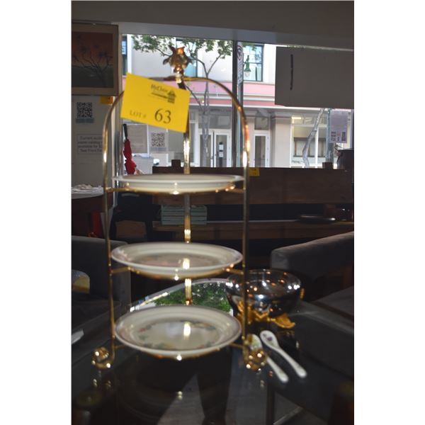 LAMINA 6" SERVING BOWL W/GOLD PLATED FEET & ACANTHUS LEAVES & 3 TIERED DESSERT STAND W/BIRD FINIAL (