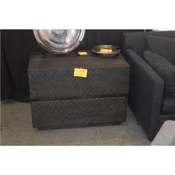 PAIR RESTORATION HARDWARE BLACK WOOD 2 DRAWER DRESSERS W/QUILTED TEXTURE ON DRAWERS (34" X 20" X 24"