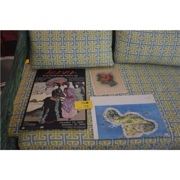 VINTAGE AIRBRUSH RED HIBISCUS PRINT BY MUNDORFF, VINTAGE PICTORIAL MAP OF MAUI & VINTAGE POSTER (3 P