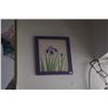 Image 2 : FRAMED VINTAGE FEATHER CRAFT ART BIRDS & JAPANESE WATERCOLOR OF PURPLE IRISES (2 PCS)
