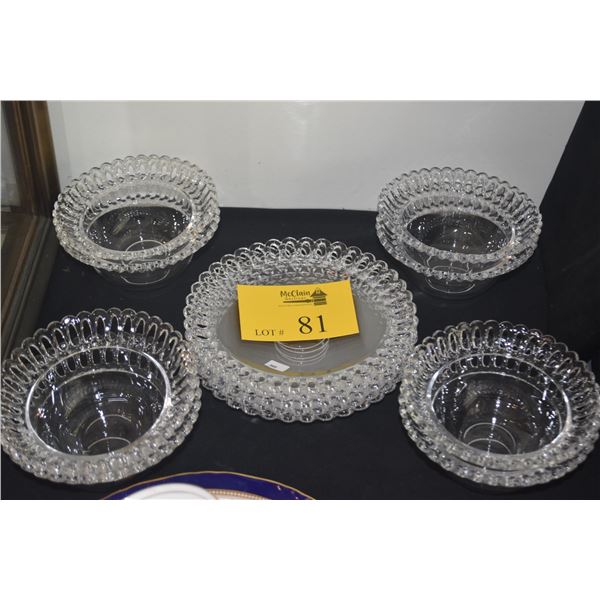 VINTAGE GLASS BOWLS & PLATES W/BLOWN GLASS LOOPED RIM (13 PCS)