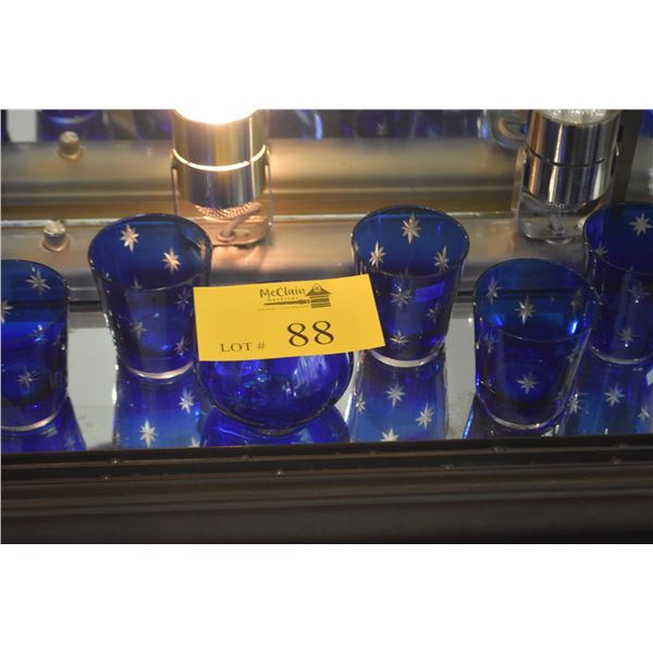VINTAGE LIBBEY COBALT BLUE GLASSES & CANDLE HOLDER W/CUT STARBURST DESIGNS (9 PCS)