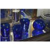 Image 2 : VINTAGE LIBBEY COBALT BLUE GLASSES & CANDLE HOLDER W/CUT STARBURST DESIGNS (9 PCS)