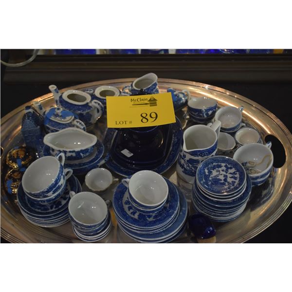 COLLECTION OF BLUE & WHITE CHILD'S TEA SETS, DELFT SALT SHAKERS, LIMOGES TRINKET BOXES, DUTCH SHOES,