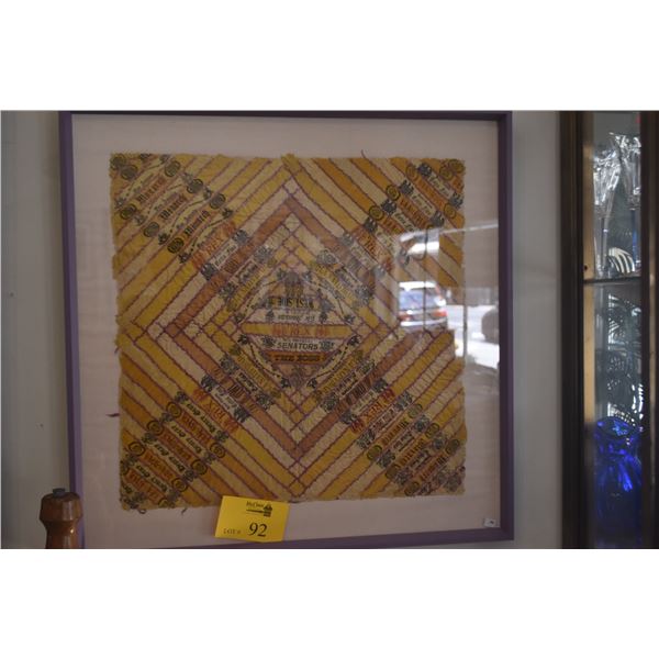 PAIR FRAMED TRADITIONAL CIGAR RIBBON QUILT W/ASSORTED CIGAR BRAND ADVERTISEMENTS (27 1/2" X 27 1/2")