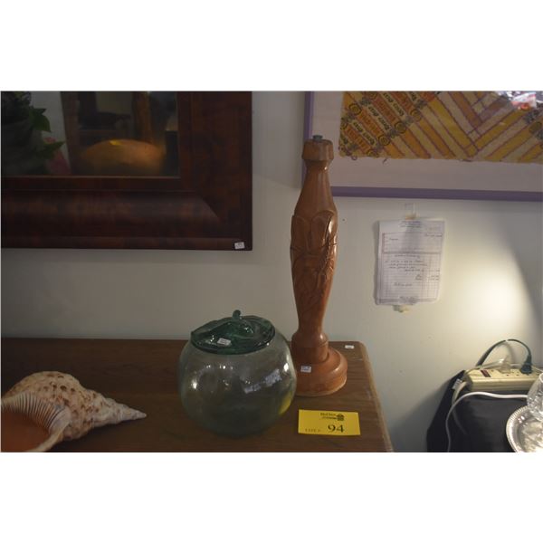 GLASS FISHING FLOAT & HAWAIIAN WOOD CARVED LAMP BASE (2 PCS)