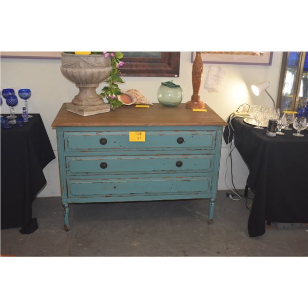 DISTRESSED BLUE 3 DRAWER CHEST (47" X 23 1/2" X 33 1/2")