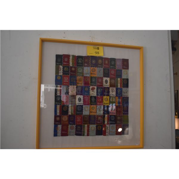 FRAMED VINTAGE COLLEGE TOBACCO SILK SQUARE PATCHWORK QUILT (27 1/2" X 27 1/2")