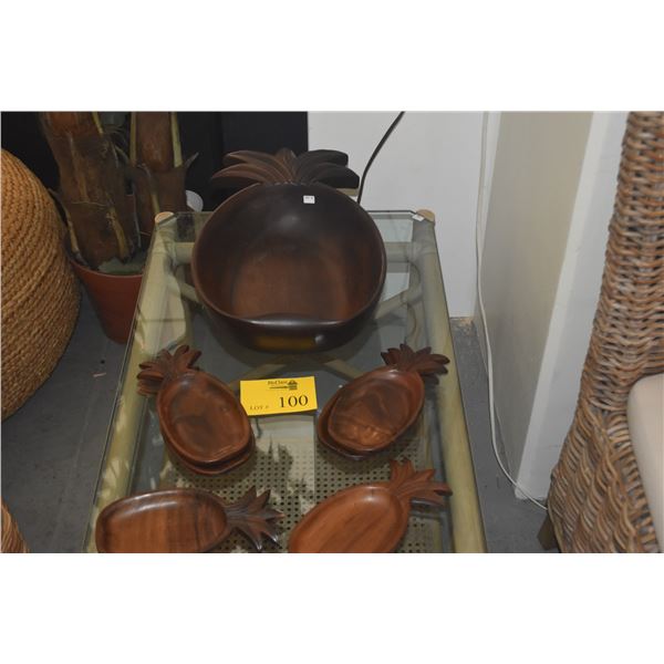 LARGE KOA WOOD PINEAPPLE BOWL & 6 KOA PLATES, BLAIR HONOLULU (7 PCS)