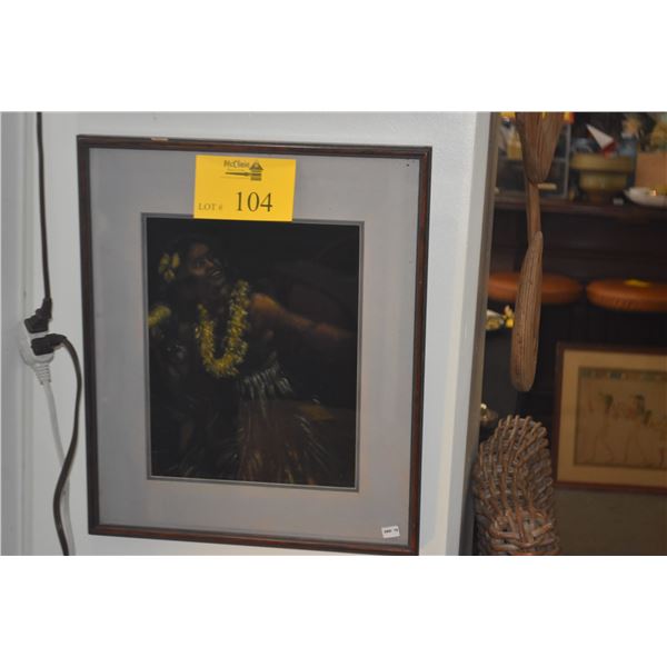 FRAMED VELVET PAINTING, HULA DANCER, MODEL IS PUALANI MOSSMAN (15 1/4" X 18 1/4")