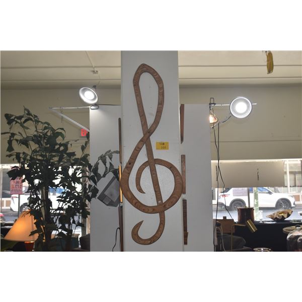 60" RON KENT WOODEN TREBLE CLEF; SIGNED